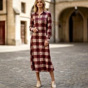 Vintage Celine Burgundy and Cream Plaid Midi Shirt Dress Sz 42